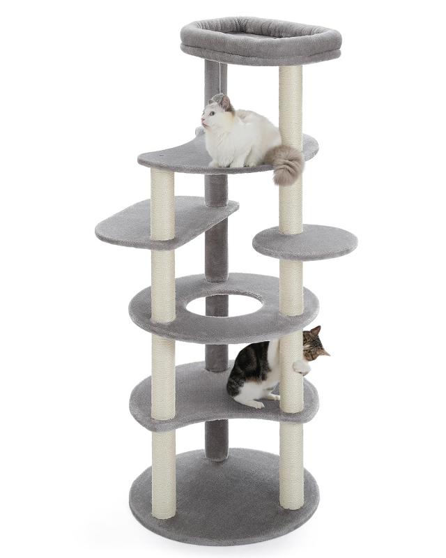 PETEPELA(ぺテぺラ) キャットタワー スリム 大型猫 多頭飼い 据置 爪とぎ 麻紐 おもちゃ おしゃれ 猫ステップ 人気 運動不足解消 倒れ防止帯付き-高さ154cm【商品仕様】サイズ：54×54×154cm、13.7kg【登り降りやすいデザイン】低段差ステップでシニア猫・子猫でも楽々移動【爪とぎポールたくさん】天然サイザル麻紐爪とぎポール、頑丈で長持ちです【転倒防止ベルト】壁に固定することで、地震の時も倒れる心配がありません【ポンポンおもちゃ】吊りおもちゃとスペア分もあります