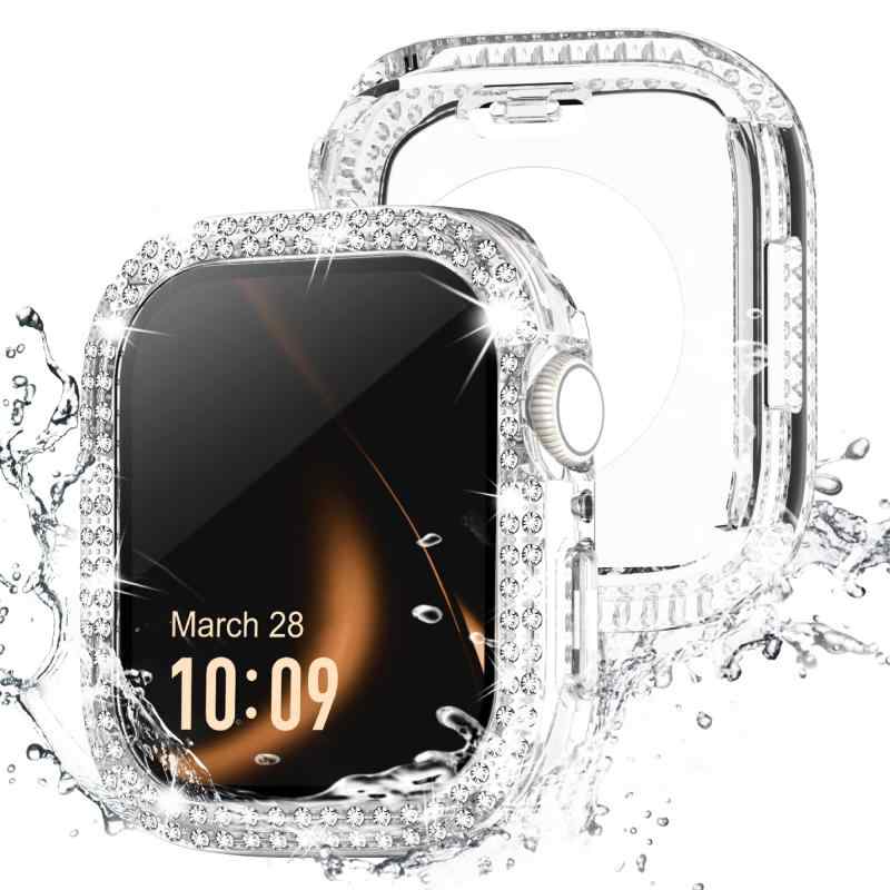 Missair コンパチブル アップルウォッチ カバー キラキラ Apple Watch カバー 防水ケース ダブルダイヤモンド 保護フィルム付き 一体型 IP68完全防水 レディース iWatch ケース Series 9 8 7 6 5 4 SEに対