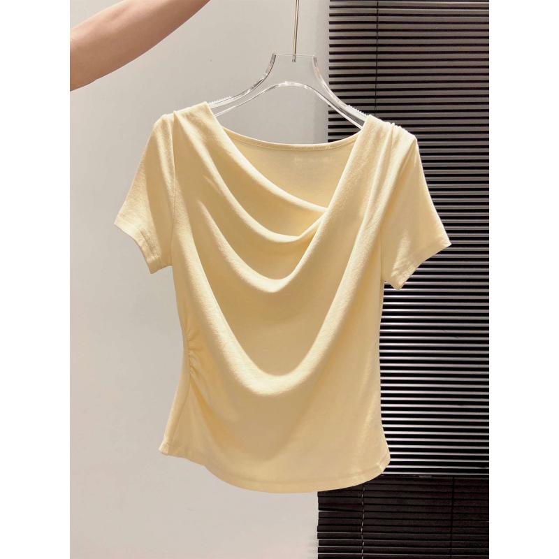 Tシャツ レディース 半袖 不規則 肩出し 斜め襟 ギャザー ウエストマーク 蕩け襟 お嬢様風 デザイン感 着痩せ かわいい トップス 春夏 inokoya-10317918 ブリッジアップ パッケージ画像