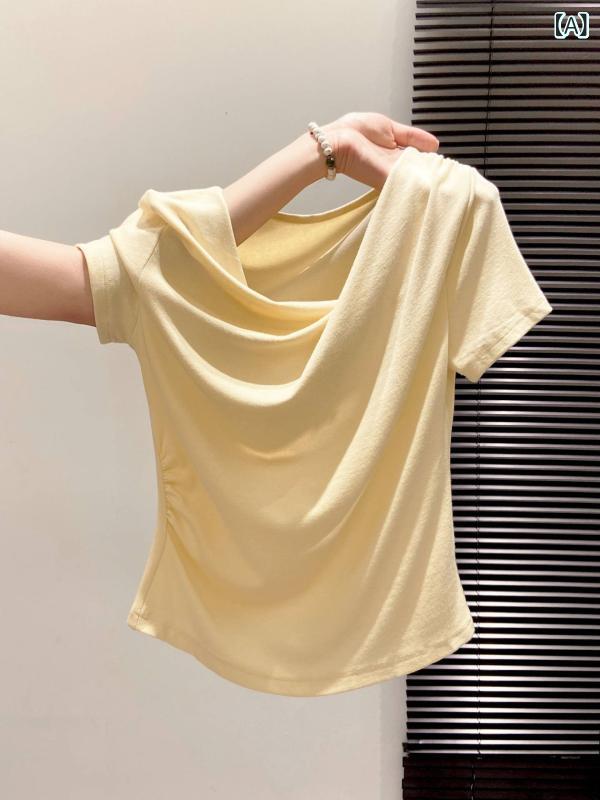 Tシャツ レディース 半袖 不規則 肩出し 斜め襟 ギャザー ウエストマーク 蕩け襟 お嬢様風 デザイン感 着痩せ かわいい トップス 春夏 inokoya-10317918 ブリッジアップ サンプル画像2