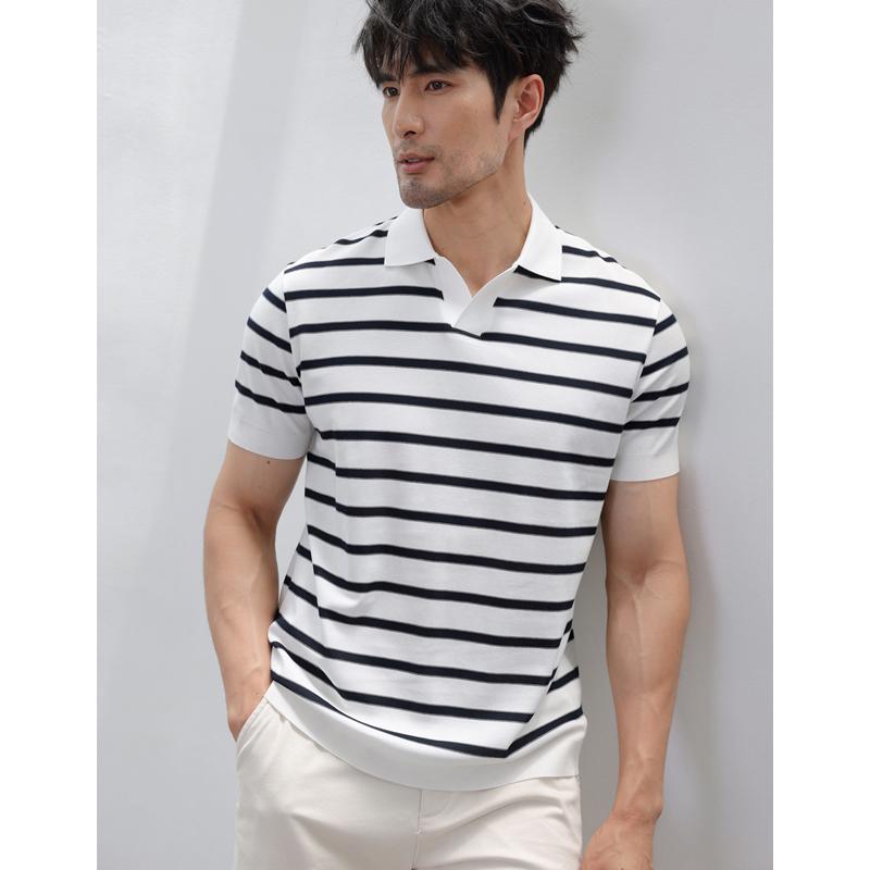 Tシャツ メンズ 半袖 ポロシャツ風 ストライプ 襟付き 接触 綿100% 鹿の子素材 トップス 紳士服 ビジネス カジュアル 夏物 通気性 吸湿性 軽量 普段使い 通勤用 シンプル きれいめ・カテゴリ: Tシャツ・スタイル: ファッション都市・主な素材: ポリエステル（テトロン）・素材名称: ライカ・素材機能: ・生地の厚さ: 薄手・生地重量: 180g〜250g未満・柄: ストライプ・シルエット: ルーズ・ネックライン: 襟付き・袖丈: 半袖・袖の形状: レギュラー・デザイン詳細: プルオーバー・プリントテーマ: ストライプ・加工: ストライプ・性別: 男性・対象年齢: 大人・用途: 日常・カラー展開: ホワイト, ネイビー・サイズ展開: M, L, XL, 2XL, 3XL・許容誤差: 2cm