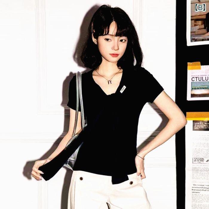 Tシャツ レディース 半袖 トップス カットソー Vネック 正肩 ショール付き 切り替え デザイン スリム フィット 細見え 着痩せ エレガント きれいめ カジュアル おしゃれ かわいい 春夏 inokoya-10280168 ブリッジアップ サンプル画像3