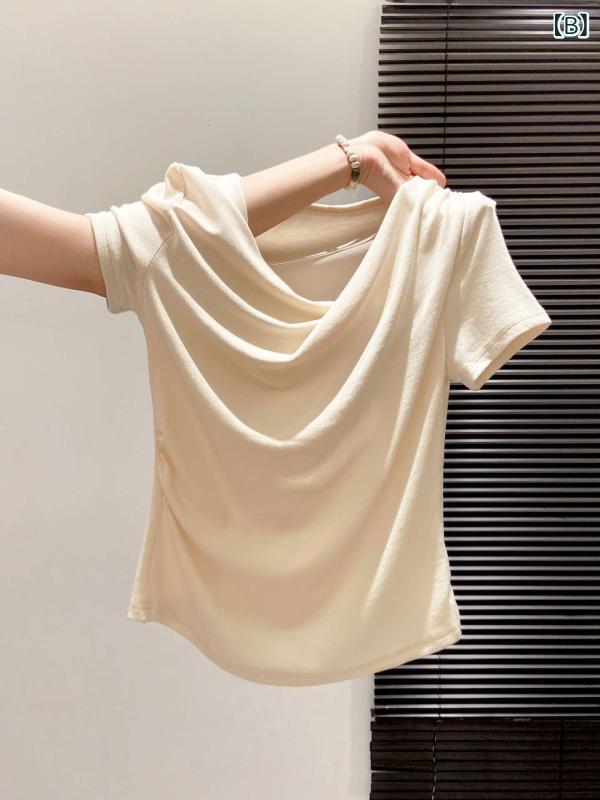 Tシャツ レディース 半袖 不規則 肩出し 斜め襟 ギャザー ウエストマーク 蕩け襟 お嬢様風 デザイン感 着痩せ かわいい トップス 春夏 inokoya-10317918 ブリッジアップ サンプル画像3