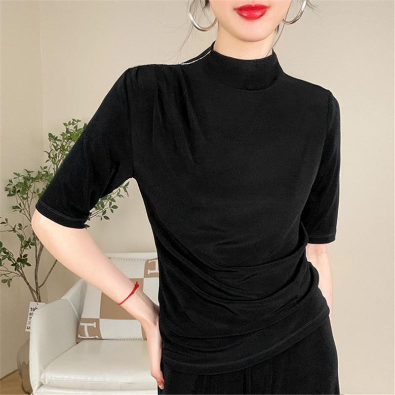 ・カテゴリ: Tシャツ・スタイル: 通勤風・素材: 醋酯（アセテート）繊維90%以上95%未満・柄: 無地・袖丈: 七分袖・加工: 形態安定（ノンアイロン）加工・シルエット: ルーズフィット・着丈: 普通丈（約50cm超65cm以下）・ネックライン: モックネック・袖型: レギュラースリーブ・人気要素: プリーツ・カラー展開: ブラック、ホワイト、チャコールグレー、ワインレッド・サイズ展開: L、XL、XXL、XXXL