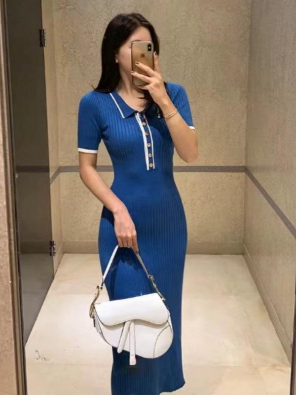 ニットワンピース レディース 半袖 襟付き ロングワンピ サマーニット 切り替え 接触冷感 ひざ丈 薄手 Aライン 体型カバー 着痩せ きれいめ 上品 涼しい 20代 普段使い お出かけ 旅行 デート 夏