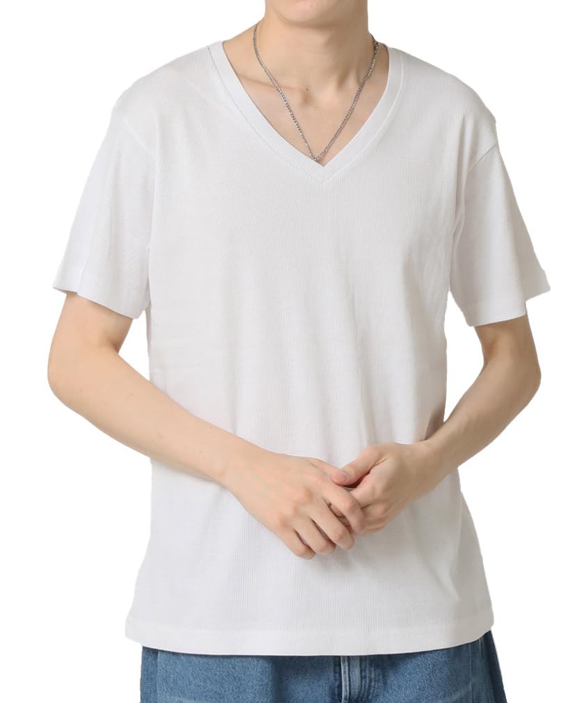 [アーケード] Tシャツ メンズ 半袖 綿 テレコリブ フィット カットソー Vネック 半袖カットソー Mホワイト