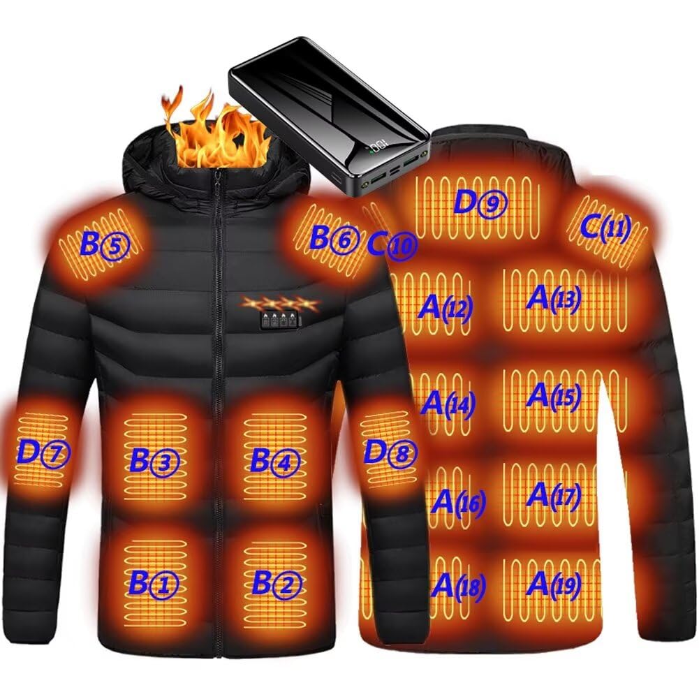 [Quntum A.E] 電熱ジャケット フード付き 19つヒーター付き 4つスイッチボタン 独立温度設定 3段温度調節 5V/7.4V S~8XL アウトドア 防寒 冬 カジュアル バイク用 登山 釣り 通勤 通学(XL ブラック(バ