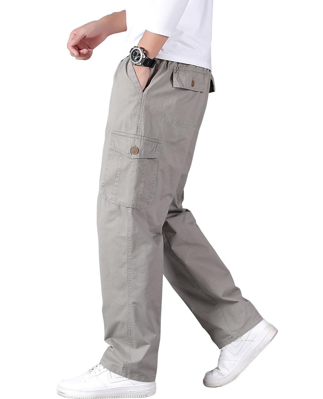 [OKJCON] カーゴパンツ メンズ ロングパンツ ズボン 秋冬 無地 ゆったり 綿 おしゃれ 作業着 大きいサイズ (グレー, L)(4)