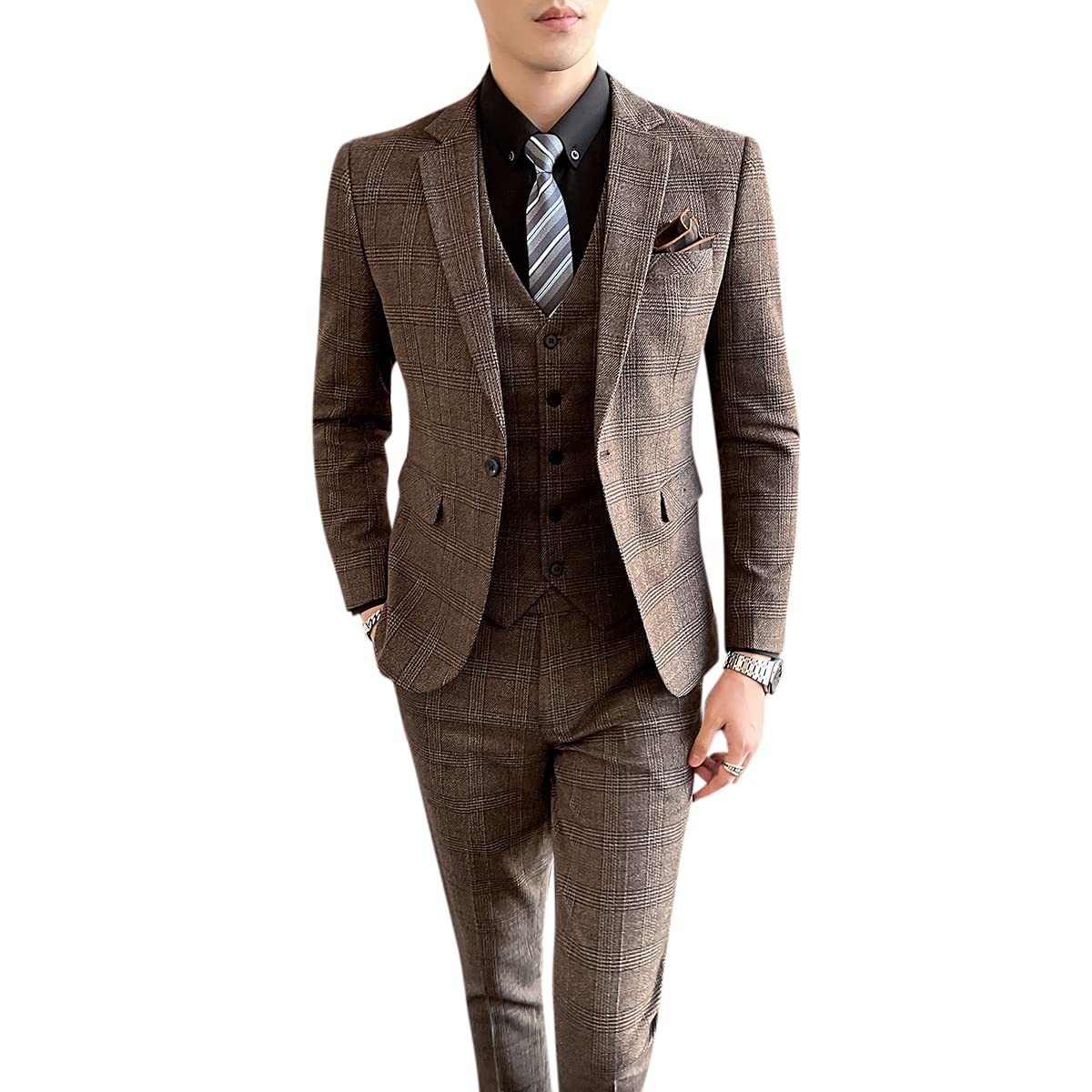 [CEEN] スーツ メンズ スリーピース ビジネス ジレベスト スリム チェック柄 紳士服 就職 結婚式 入社..