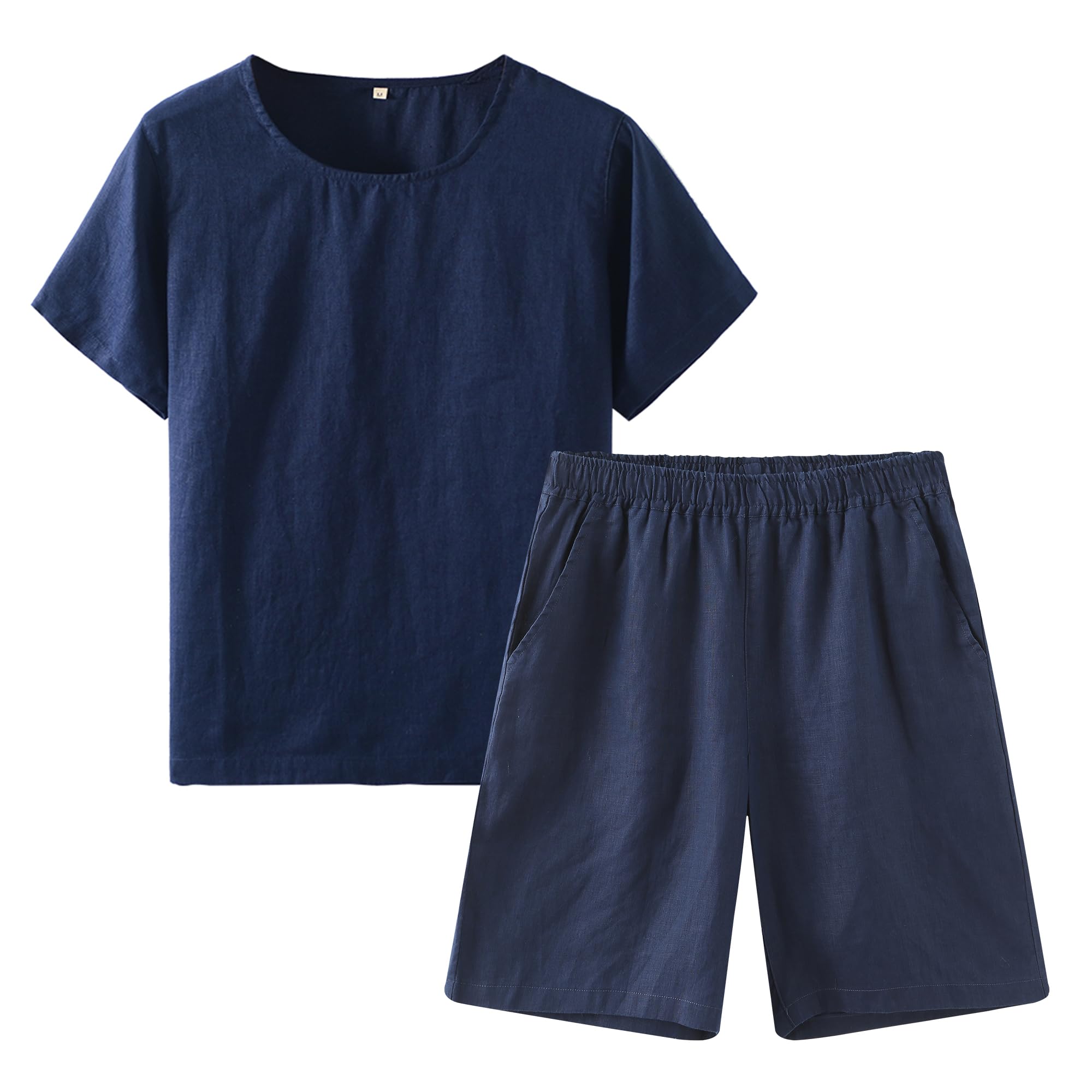 [RAKUYUME] パジャマ メンズ リネン100 半袖Tシャツ ショートパンツセット 高級 麻部屋着 ルームウェア おしゃれ 吸汗速乾 上下 外に出られる夏服 (ネイビー, L)