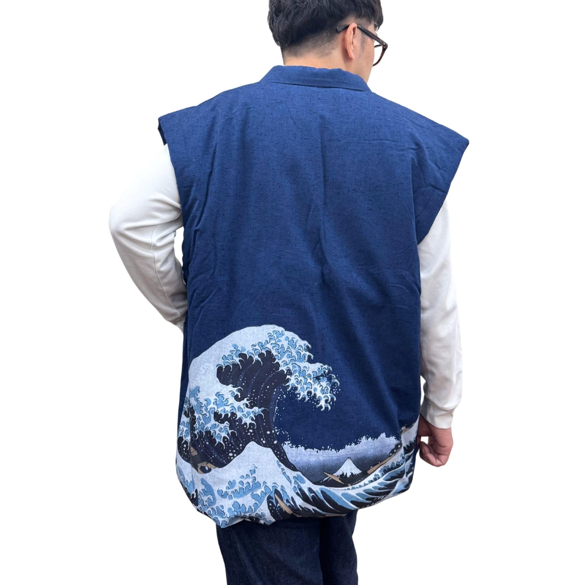 [江戸てん] 綿入れ半纏 はんてん 袖なし ポンチョ ちゃんちゃんこ日本製 久留米織り オリジナル柄捺染プリント 腰に波カラー 青紺 袖なし・フリー