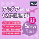 【 アジア 12地域 周遊 eSIM 】5日間 1GB 開通期限なし 最短即日楽天メッセージより送信 パスポート情報等の 登録不要 プリペイドSIM 旅行 観光 Asia 日本 中国 マカオ 韓国 オーストラリア ベトナム タイ カンボジア シンガポール マレーシア インドネシア フィリピン