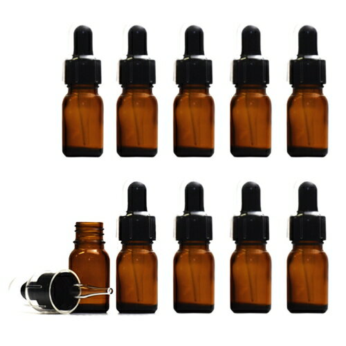 【新品 (10本セット)】 ガラス スポイトキャップ(黒) 茶色遮光ビン 10ml オーバーキャップ付 アロマ 容器 (注)スポイトのゴム部分は内容物によって劣...
