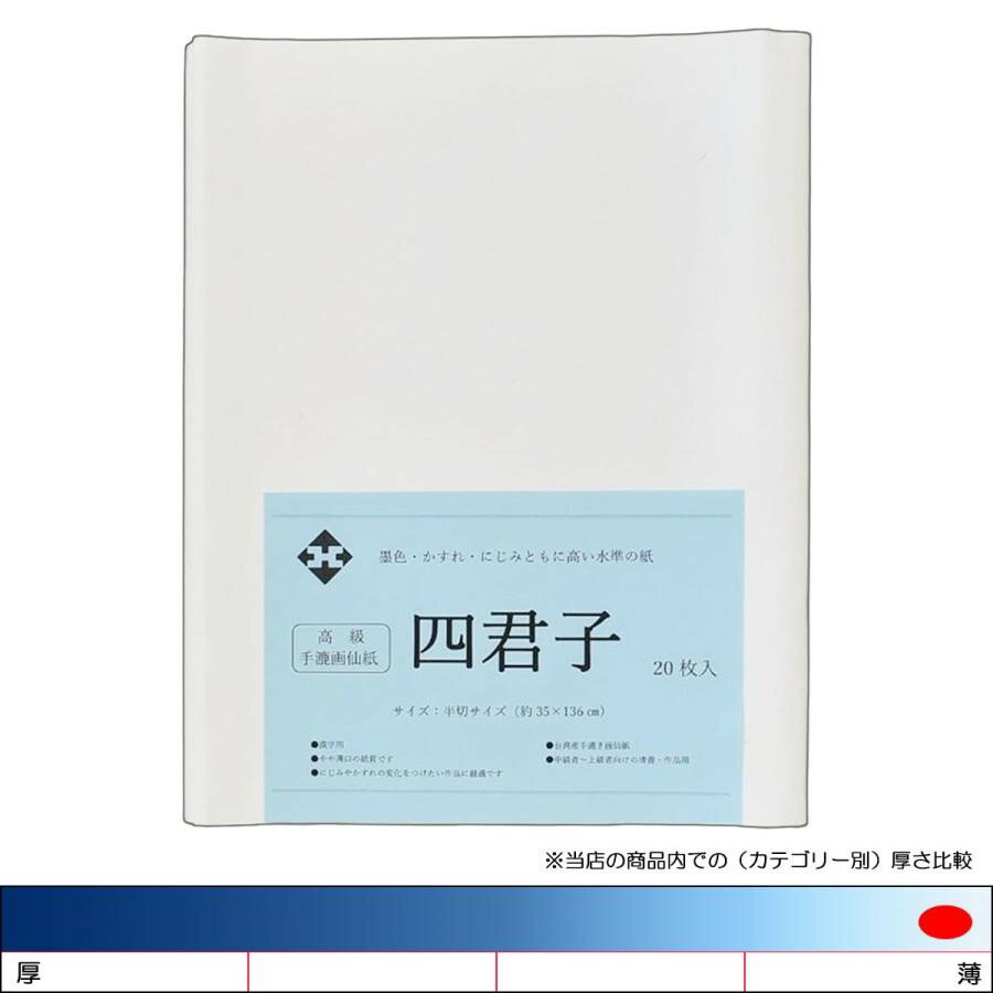 【特　徴】 台湾産の手漉画仙紙。 わらや雁皮などの生原料を豊富に配合しており、墨色・かすれ・にじみなどすべてにおいて高い水準を誇っています。 やや薄口の紙質で、特ににじみやかすれの変化をつけたい作品に最適です。 【用　途】 中・上級者向けの清書用 【入　数】 20枚 にじみ指数：★★ 【にじみ指数について】 　★ ほとんどにじまない 　★★ 少しにじむ 　★★★ にじむ 　★★★★ よくにじむ にじみ指数はご使用の環境、墨液、運筆などによって変わってきます。目安としてご利用ください。