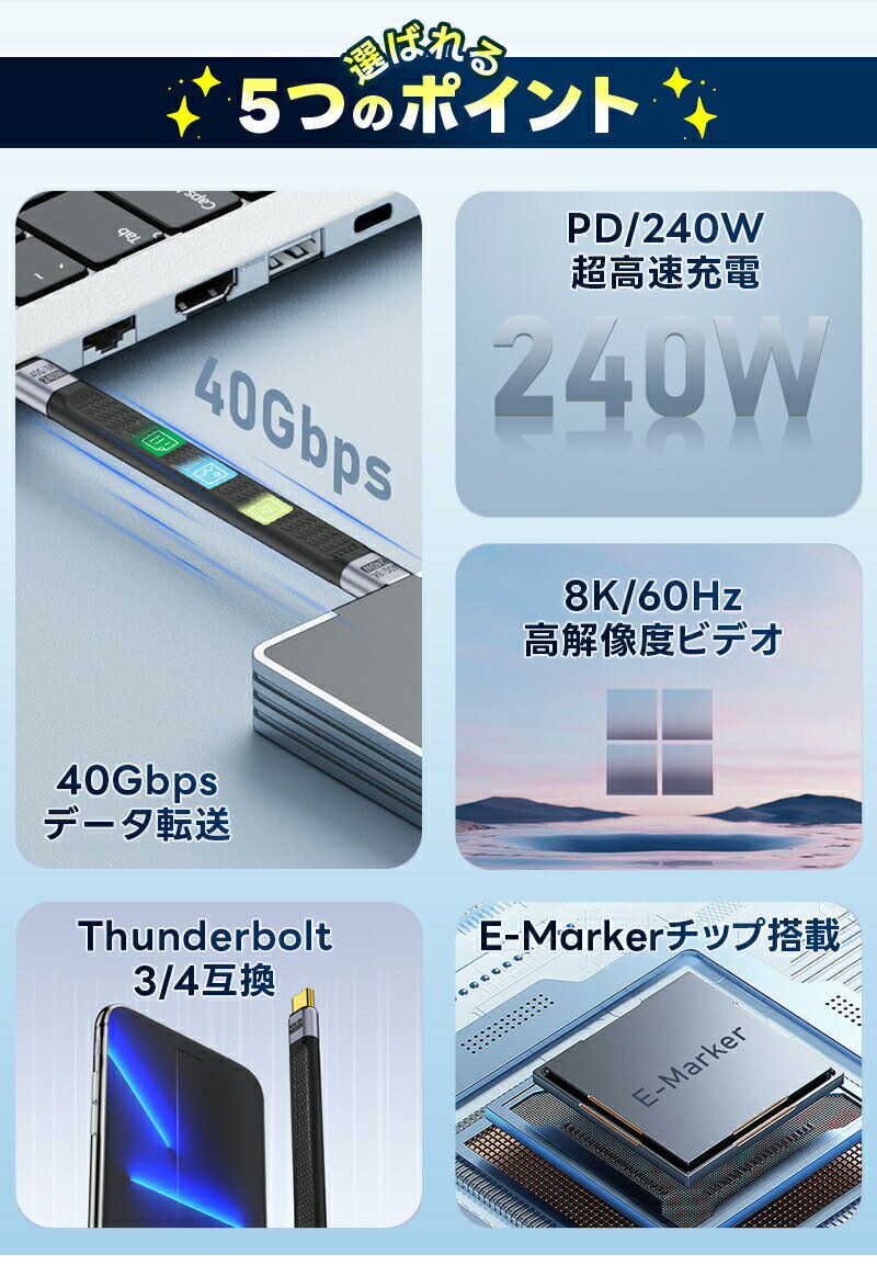 USB4.0 Type-C to Type-C�����֥� usb-c�����֥� û�� Type-C�����֥� USB4�б� Thunderbolt 4�б� PD3.1ɸ�� 240W��®���� 8K60Hz 40Gbps ��®�ǡ���ž�� 13cm ��Х���Хåƥ꡼�� �ϥ��� for iPhone15/MacBook Pro/iPad Pro/Galaxy S23�ʤ� Type-C�ǥХ��� �� ��ɾ��5��
