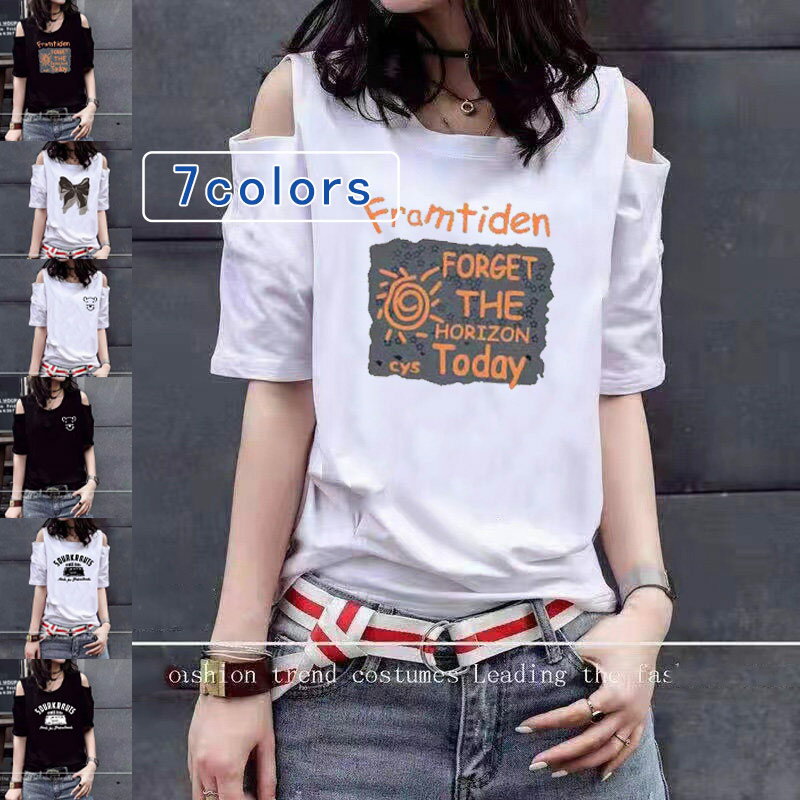 乐天商城 - 【お買い物マラソンクーポンあり】Tシャツ レディース 半袖 夏服 肩出し 肩紐付き 英文字 コットン カットソー tシャツ ロング丈 セクシ?` 可愛い カジュアル ゆったり 大きいサイズ オシャレ キレイめ 通勤 通学 白 黒 春 夏 送料無料