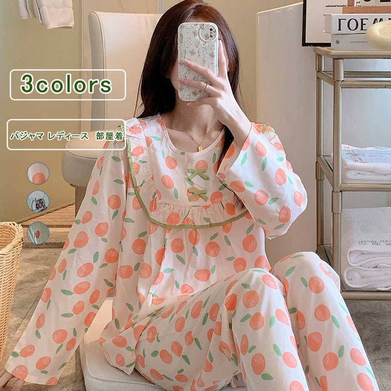 乐天商城 - ＼15日ポイント10倍／上下セット レディース コットン パジャマ 長袖 ルームウエア 部屋着 寝間着 長ズボン 春夏秋冬 ナイトウェア おうち時間 レース 総柄 ラウンドネック Vネック 薄手 柔らかい ストレスフリー オールシーズン オフホワイト グリーン
