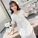 キッズ 寝巻 パジャマ ルームウェア ネグリジェ 半袖 女の子 レース ワンピース リボン付き 寝巻 快適 エレガント ナイトウェア 子供用 家庭服 夏 綺麗 ...