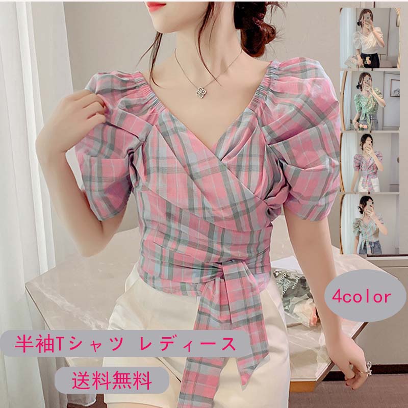 乐天商城 - 【お買い物マラソンクーポンあり】半袖Tシャツ レディース セクシー シフォンブラウス シャツブラウス 半袖 チェック柄 トップス ショート丈 カジュアル 裾紐 きれいめ おしゃれ 送料無料