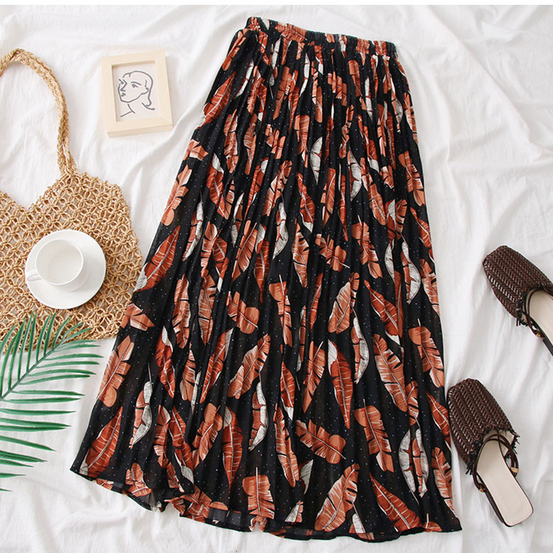 REMAXの【ブラックフライデー最大2000円OFF】プリーツスカート レディース スカート シフォン 草木柄 マキシ丈 裏地付き ハイウエスト ウエストゴム 体型カバー 春夏秋 オフィス きれいめ おしゃれ 送料無料｜アングル3