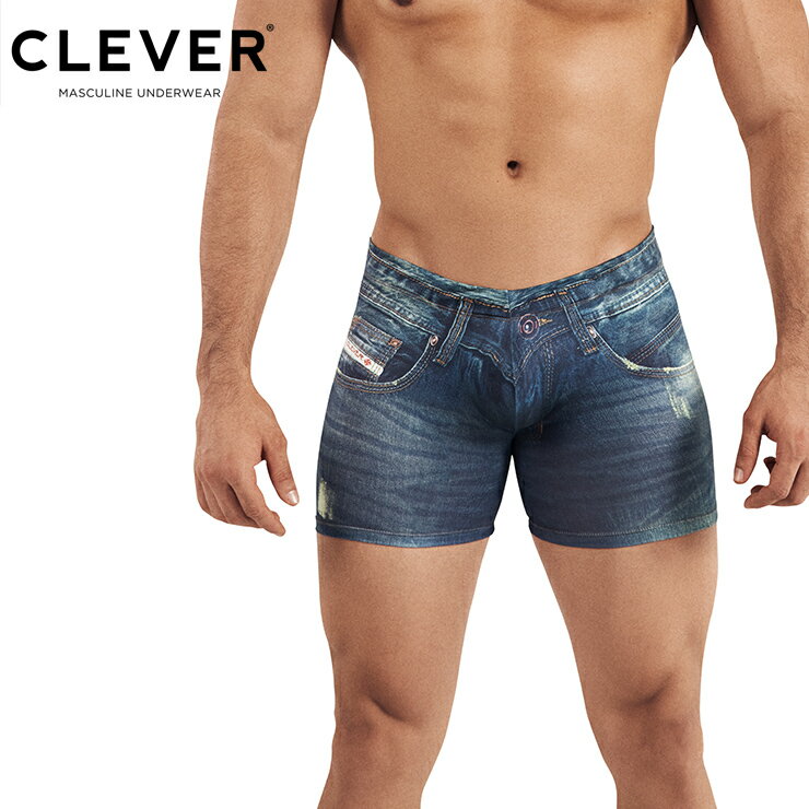CLEVER /Denim Jean Boxer ファッション メンズ 男性インナー 高品質 弾力性 吸水性 耐久性 通気性 フェイクデニム日常 スポーツ ロングボクサー