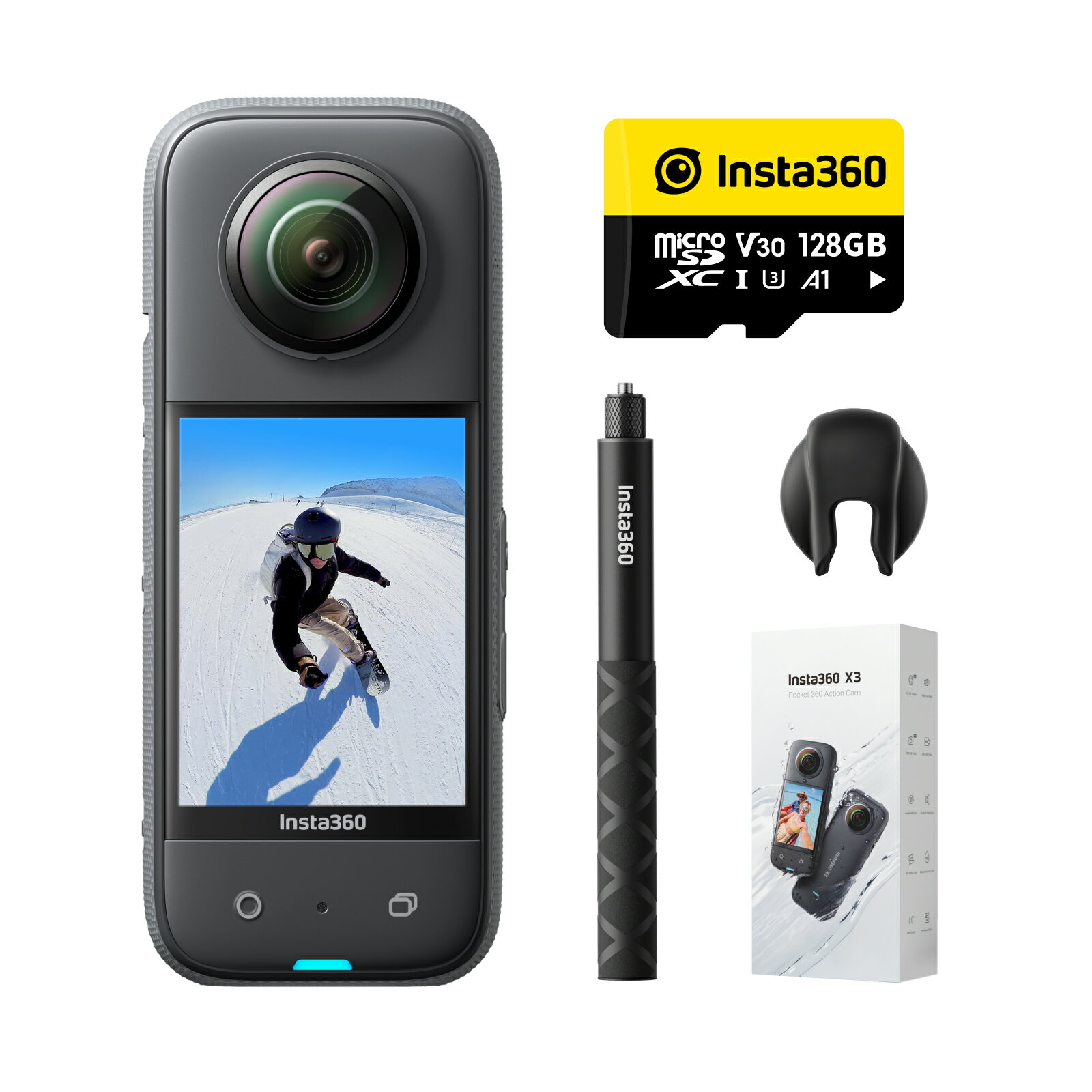 Insta360 X3プレミアムキット 128GB|あす楽 360度カメラ アクションカメラ 1/2インチ48MPセンサー IPX8防水 5.7K360度動画 72MP360度写真 手ブレ補正 アクティブHDR 4K一人称視点 60fps自撮り 水平維持 AI編集 音声制御