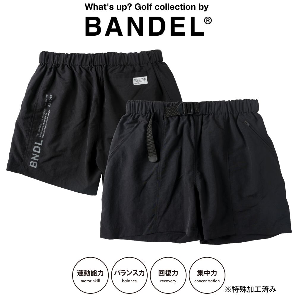 【買回り中10%割】【着後レビューでBANDELグッズ！】BANDEL ショーツ BELTED BAGGIESHORTS CONCEPT NOTES BG-NS003BLACK ブラック バギーショーツ ベルテッド ゴルフ タウンユース 撥水 透湿 機能 ナイロンパンツ ロゴ プリント メッシュポケット付