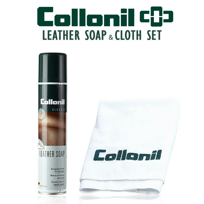 ◇About Item◇ Collonil LEATHER SOAP 200ml ＆ POLISING CLOTH コロニル レザーソープ 200ml ＆ ポリッシングクロス セット 汚れを落とし皮革を引き締め皮革本来の風合いを蘇らせることができるムース状のクリーニングフォーム。皮革素材のシューズ、バッグ、家具など、様々な範囲でご使用いただけます。合成皮革にも使用可能な優れモノ！ コロニルの綿100％の柔らかなクロスがセットだから、すぐに使えちゃう！お気に入りの革製品をケアしよう！ ◇Item Data◇ Collonil LEATHER SOAP 200ml 容　　器 ムース缶 内 容 量 200ml 対象素材 スムースレザー、合成皮革、皮革製品全般 使用不可素材 爬虫類革・オーストリッチ・起毛製品には使用できません 生産国 ドイツ POLISING CLOTH 素　　材 コットン サ イ ズ 34cm x 34cm 対象素材 スムースレザー、合成皮革、皮革製品全般 使用不可素材 起毛製品には使用できません ◇注意事項◇ ※対象素材・製品以外には使用出来ません。 ※エナメル・爬虫類革・オーストリッチ・起毛製品には使用できません。 ※湿った皮革・素材には使用しないで下さい。 SHOECARE BRANDS ■ Crep Protect クレッププロテクト ■ SNEAKER LAB スニーカーラボ ■ MARQUEE PLAYER マーキープレイヤー ■ RESHOEVN8R リシューブネイター ■ Dr.Kicks ドクターキックス ■ WREN'S ウレンズ ≫ シューケアカテゴリへ 管理番号：semn sewm itswr male大切な革製品の汚れを落としながら 栄養を与える万能ムース状ソープ！！ きめ細かい泡状のフォームスプレーが革製品の汚れを優しく落とす。 また同時に、天然ワックス成分で革に栄養を与え柔らかくしなやかに。 色の鮮明さを復活させる効果もあるので、お気に入りの革製品が美しく蘇る！！ ◇About BRAND◇ 世界約100カ国で愛用されているレザーケアアイテムのトップブランド。 環境先進国であるドイツで開発・製造されているコロニル製品は、「皮革に優しい・人体に優しい・環境に優しい」をコンセプトに、その機能性や品質の高さだけでなく環境に配慮した商品作りにおいても大変高い評価を受けている。また、伝統的な製法だけに拘らず、ナノテクノロジーを駆使した“ナノシリーズ"や、植物性天然由来成分で作られた“オーガニックシリーズ"など、最先端の技術と開発力を有しており、常に業界を牽引する存在。 ◇関連商品◇