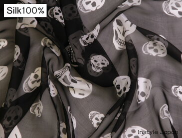 【P5倍!】スカーフ シルク100% 大判 ストール マフラー シフォン スカル BIG D 白 黒 ホワイト ブラック ドクロ 骸骨 絹 天然素材 敏感肌 紫外線防止 UV 防寒 コンパクト パーティー ドレス ショール Dサイズ:195×135cm 母の日 プレゼント ギフト