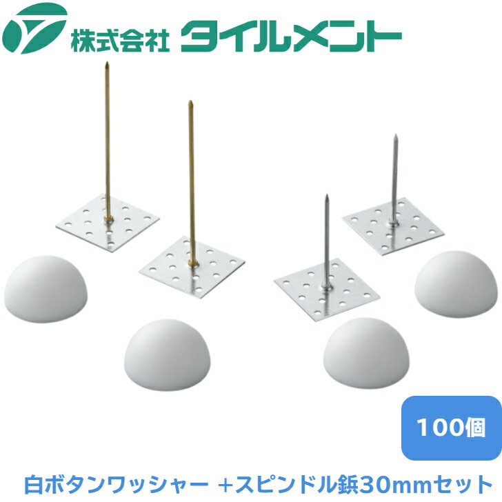 タイルメント スピンドル鋲＋白ボタンワッシャーセット ステンレス硬質 30mm 100個 スピンドル 鋲 ワッシャー セット ボタンワッシャー ピン 断熱材用 工事 保温 保冷 断熱 消音 工事用 取り付け グラスウール ロックウール