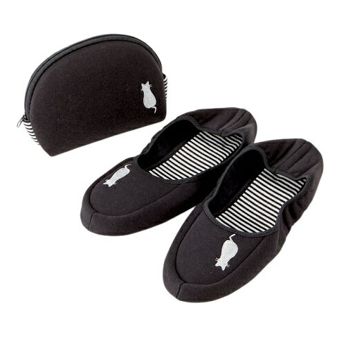 【スリッパ】【携帯用】携帯スリッパ ネコ刺繍 ブラック