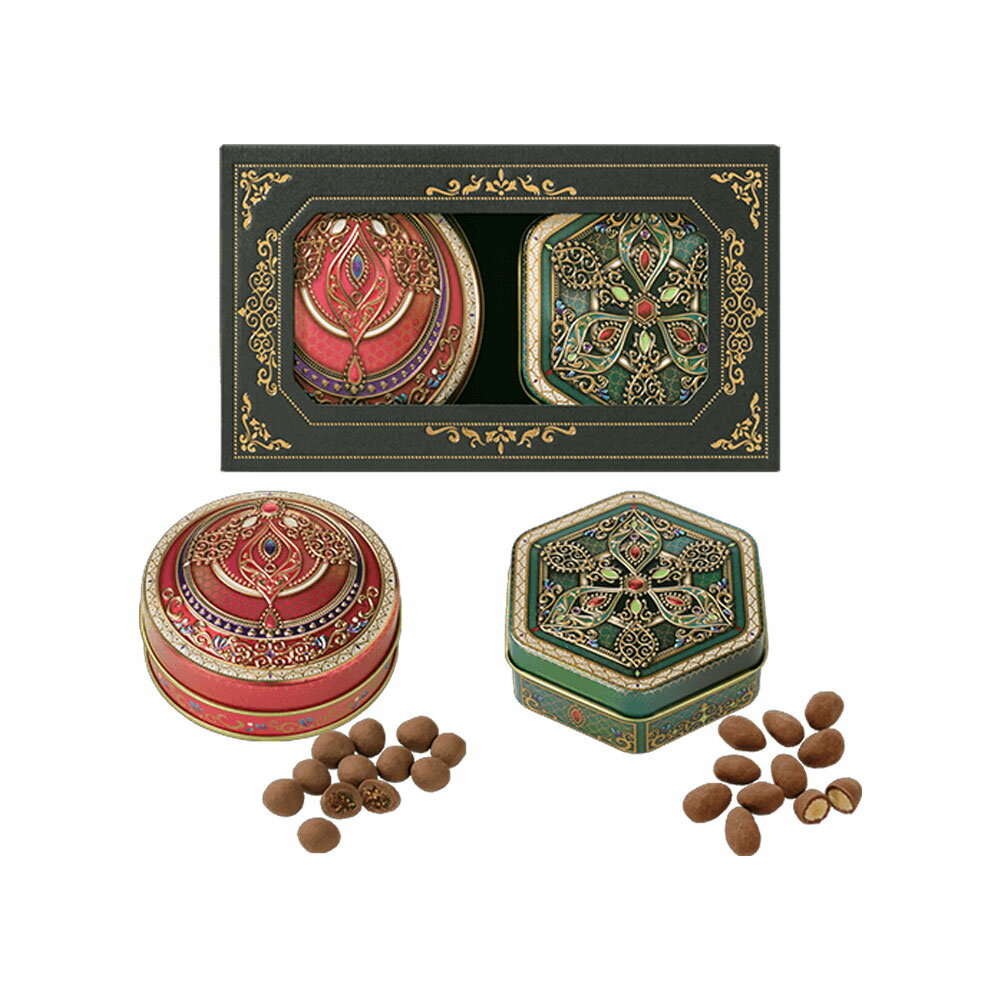 イメージは情熱的なエキゾチックさを色鮮やかな色彩で表現した2種類のデザイン。 味わい深いフィグのチョコレートと香ばしいアーモンドチョコレートの詰め合わせです。