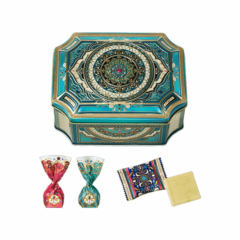 チョコレートを、キラキラの包み紙に包んでオリエンタルなデザインの缶に集めました。 宝石箱を開けるようなわくわく感をお楽しみください。