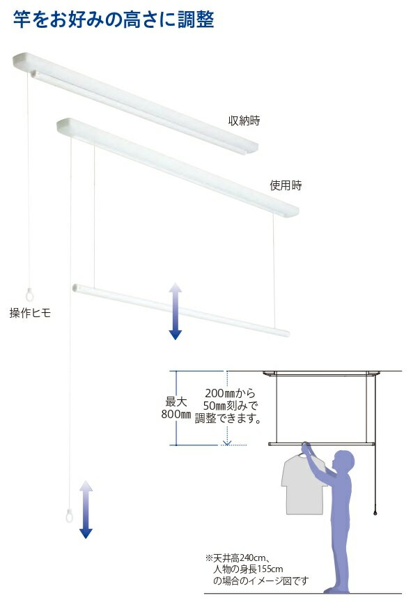 【法人・個人事業主様限定】 川口技研 ホスクリーン 室内用物干し 昇降式（操作ヒモタイプ） ホワイト utm-s-w | 室内物干し 物干し 室内 洗濯干し 洗濯物干し 洗濯物干 天井 吊り下げ 竿掛け 物干し竿掛け 屋内物干し 天井付 高さ調整 高さ調節 物干し竿 物干し竿