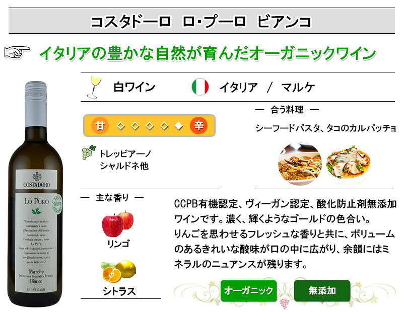 コスタドーロ ロ・プーロ ビアンコ 酸化防止剤 無添加 オーガニック ワイン 白 辛口 イタリア　マルケ ヴィーガン inter-mic-10001647 ワイン・日本酒の神田商店 サンプル画像2