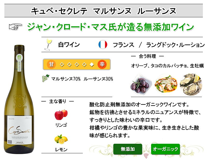 キュベ・セクレテ マルサンヌ ルーサンヌ 酸化防止剤無添加 オーガニック お中元 inter-mic-10001416 ワイン・日本酒の神田商店 サンプル画像2