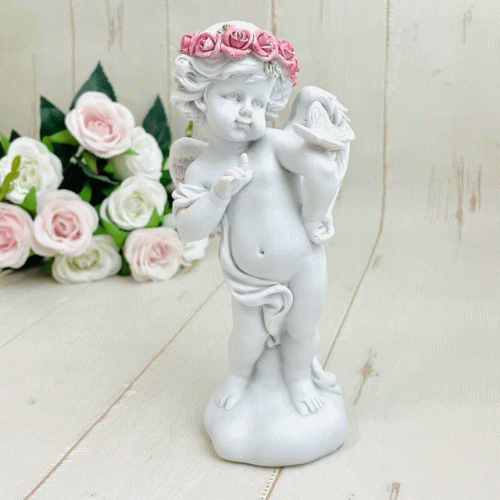 Rakuten - 肩に鳩を乗せる花冠のエンジェル天使 エンジェル 妖精 フェアリー 薔薇 バラ ローズ 置物 オブジェ インテリア