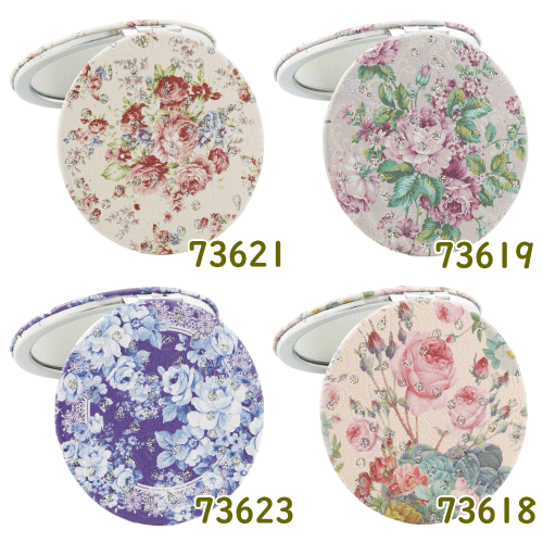 コンパクトミラー　ラウンド手鏡拡大鏡 メイク直し キラキラストーン付き フラワー 花柄 ローズ 薔薇 プチギフト