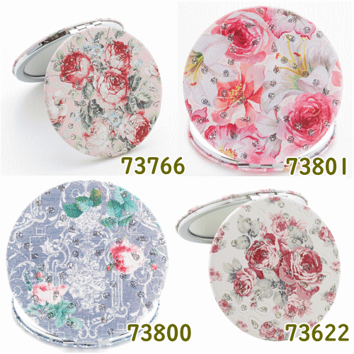 コンパクトミラー　ラウンド手鏡拡大鏡 メイク直し キラキラストーン付き フラワー 花柄 ローズ 薔薇 プチギフト