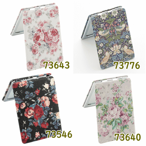コンパクトミラー　レクタングル手鏡拡大鏡 メイク直し キラキラストーン付き フラワー 花柄 ローズ 薔薇 プチギフト
