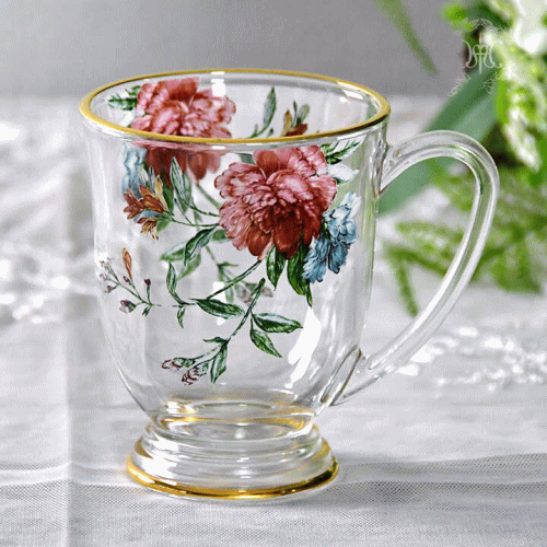 フラワーピオニー ガラスマグカップ ガラス グラス コップ マグカップ 耐熱 来客 おもてなし 上品 華やか バラ 薔薇 ローズ フラワー ギフト プレゼントのサムネイル