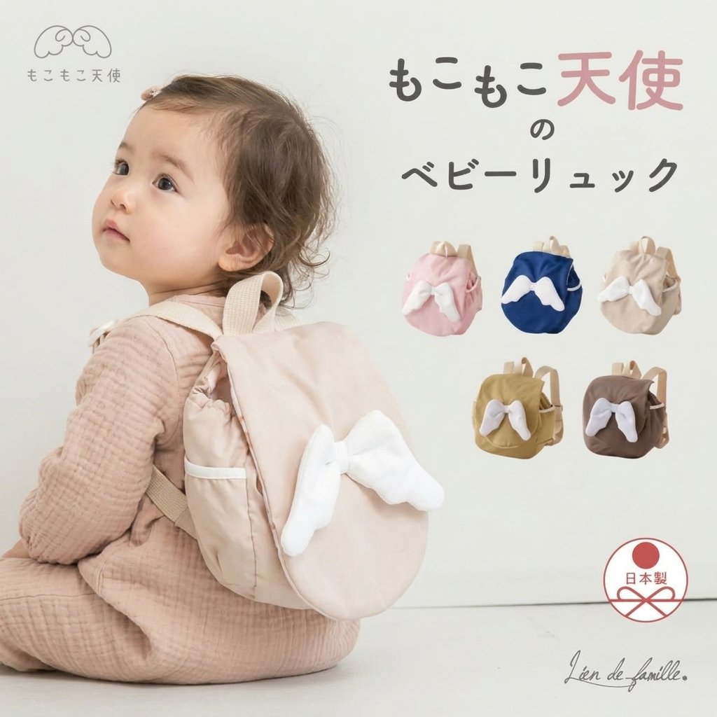 【Lien de famille】もこもこ天使の羽 ベビーリュック（日本製） ■ 後ろ姿にキュン！天使の羽がついた愛らしいベビーリュック 大人気「もこもこ天使シリーズ」から、とってもかわいいベビーリュックが登場！ 小ぶりでコロンとした立体的なシルエットに、天使の羽があしらわれた愛らしいデザインです。 ● 1歳のお祝い「一升餅・一升米」にぴったり！ 容量約3Lで、一升餅や一升米がちょうど入りやすいサイズ感。1歳の誕生日（ファーストバースデー）のイベントにも大活躍します。 ● 軽量＆撥水加工で汚れにくい 表地には撥水性のあるポリエステル素材を採用。軽くて小さなお子様でも背負いやすく、汚れがつきにくいのも嬉しいポイントです。 ● 背面メッシュで汗っかきなお子様も快適 背中にあたる部分には通気性の良いメッシュ素材を使用。汗をしっかり吸収・発散し、むれにくく快適にお使いいただけます。 ● 安心と信頼の日本製（強度試験合格） 大切な赤ちゃんが使うものだから、縫製から仕上げまで安心の日本国内で製造。取付強度・縫い目強度の厳しい基準をクリアした高品質なアイテムです。 ■ カラーバリエーション イエロー / ピンク / ブルー / ブラウン / newピンク / newベージュ / newブルー ■ 製品仕様・詳細スペック ブランド Lien de famille（リヤンドファミユ） 商品名 もこもこ天使の羽リュック 対象年齢 1〜3歳頃まで 容量・サイズ 容量：約3L幅：約24cm / 高さ：約20cm / マチ：約9cm肩紐の長さ：最小約29cm〜最大約47.5cm / 持ち手：約12cm 素材 表地：撥水生地（ポリエステル100％）裏地：キルティング（ポリエステル100％）蓋裏：オックス（綿100%）背面：メッシュ（ポリエステル100%）肩紐：アクリル 原産国 日本（Made in Japan） 安全基準 取付強度基準合格 / 縫い目強度基準合格 【お手入れ・お洗濯について】 ・型崩れの原因となりますので、洗濯機のご使用はお避けください。 ・表面の汚れは柔らかい布やスポンジで拭き取るか、手洗いでやさしく洗ってください。 ・もみ洗いや強い手絞り、タンブラー乾燥（乾燥機）はお避けください。 ・アイロンを掛ける際はあて布を使用し、低温でお願いします。 【ご使用上の注意】 ※思わぬ事故の原因となりますので、必ず保護者の目の届く範囲でご使用ください。 ※着用時の摩擦や汗などにより色落ちする場合がございます。 ※破損や怪我の原因となりますので、むやみに振り回したり、付属品を強く引っ張らないでください。 ※光沢感のある素材のため、撮影環境やモニター設定により実物と色の見え方が異なる場合がございます。 ※本来の用途以外には絶対に使用しないでください。 ＜検索キーワード＞リヤンドファミユ Lien de famille 天使の羽 天使 羽根 リュック ベビーリュック キッズリュック リュックサック もこもこ 一升餅 一升米 1歳 2歳 3歳 1才 2才 3才 誕生日 1歳誕生日 ファーストバースデー 一升餅リュック 一升米リュック 誕生餅 撥水 防水 軽い 軽量 メッシュ 背面メッシュ 通気性 キルティング 日本製 メイドインジャパン 高品質 安心 安全 縫製 イエロー ピンク ブルー ブラウン ベージュ newピンク newベージュ newブルー パステルカラー くすみカラー かわいい おしゃれ 愛らしい コロン 小さめ ミニリュック 子供用 子ども 赤ちゃん ベビー キッズ 幼児 女の子 男の子 ユニセックス ギフト 出産祝い 誕生祝い プレゼント お祝い 贈り物 プレママ 初節句 お宮参り 記念写真 撮影衣装 インスタ映え イベント パーティー おでかけ 保育園 散歩 登園 人気 おすすめ 即納 2026【Lien de famille】もこもこ天使の羽 ベビーリュック（日本製） ■ 後ろ姿にキュン！天使の羽がついた愛らしいベビーリュック 大人気「もこもこ天使シリーズ」から、とってもかわいいベビーリュックが登場！ 小ぶりでコロンとした立体的なシルエットに、天使の羽があしらわれた愛らしいデザインです。 ● 1歳のお祝い「一升餅・一升米」にぴったり！ 容量約3Lで、一升餅や一升米がちょうど入りやすいサイズ感。1歳の誕生日（ファーストバースデー）のイベントにも大活躍します。 ● 軽量＆撥水加工で汚れにくい 表地には撥水性のあるポリエステル素材を採用。軽くて小さなお子様でも背負いやすく、汚れがつきにくいのも嬉しいポイントです。 ● 背面メッシュで汗っかきなお子様も快適 背中にあたる部分には通気性の良いメッシュ素材を使用。汗をしっかり吸収・発散し、むれにくく快適にお使いいただけます。 ● 安心と信頼の日本製（強度試験合格） 大切な赤ちゃんが使うものだから、縫製から仕上げまで安心の日本国内で製造。取付強度・縫い目強度の厳しい基準をクリアした高品質なアイテムです。 ■ カラーバリエーション イエロー / ピンク / ブルー / ブラウン / newピンク / newベージュ / newブルー ■ 製品仕様・詳細スペック ブランド Lien de famille（リヤンドファミユ） 商品名 もこもこ天使の羽リュック 対象年齢 1〜3歳頃まで 容量・サイズ 容量：約3L幅：約24cm / 高さ：約20cm / マチ：約9cm肩紐の長さ：最小約29cm〜最大約47.5cm / 持ち手：約12cm 素材 表地：撥水生地（ポリエステル100％）裏地：キルティング（ポリエステル100％）蓋裏：オックス（綿100%）背面：メッシュ（ポリエステル100%）肩紐：アクリル 原産国 日本（Made in Japan） 安全基準 取付強度基準合格 / 縫い目強度基準合格 【お手入れ・お洗濯について】 ・型崩れの原因となりますので、洗濯機のご使用はお避けください。 ・表面の汚れは柔らかい布やスポンジで拭き取るか、手洗いでやさしく洗ってください。 ・もみ洗いや強い手絞り、タンブラー乾燥（乾燥機）はお避けください。 ・アイロンを掛ける際はあて布を使用し、低温でお願いします。 【ご使用上の注意】 ※思わぬ事故の原因となりますので、必ず保護者の目の届く範囲でご使用ください。 ※着用時の摩擦や汗などにより色落ちする場合がございます。 ※破損や怪我の原因となりますので、むやみに振り回したり、付属品を強く引っ張らないでください。 ※光沢感のある素材のため、撮影環境やモニター設定により実物と色の見え方が異なる場合がございます。 ※本来の用途以外には絶対に使用しないでください。