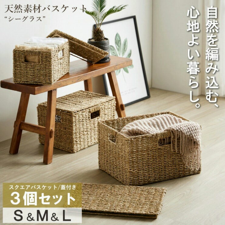 シーグラス 天然素材バスケット スクエア3点セット IW-45 S M L ふた付きタイプ 小物収納 おもちゃ箱 バリテイスト リゾート 自然素材 オーガニック キッチン収納 ランドリー収納 食品ストッカー 衣類収納 スリム コンパクト シンプル おしゃれ かわいい 北欧