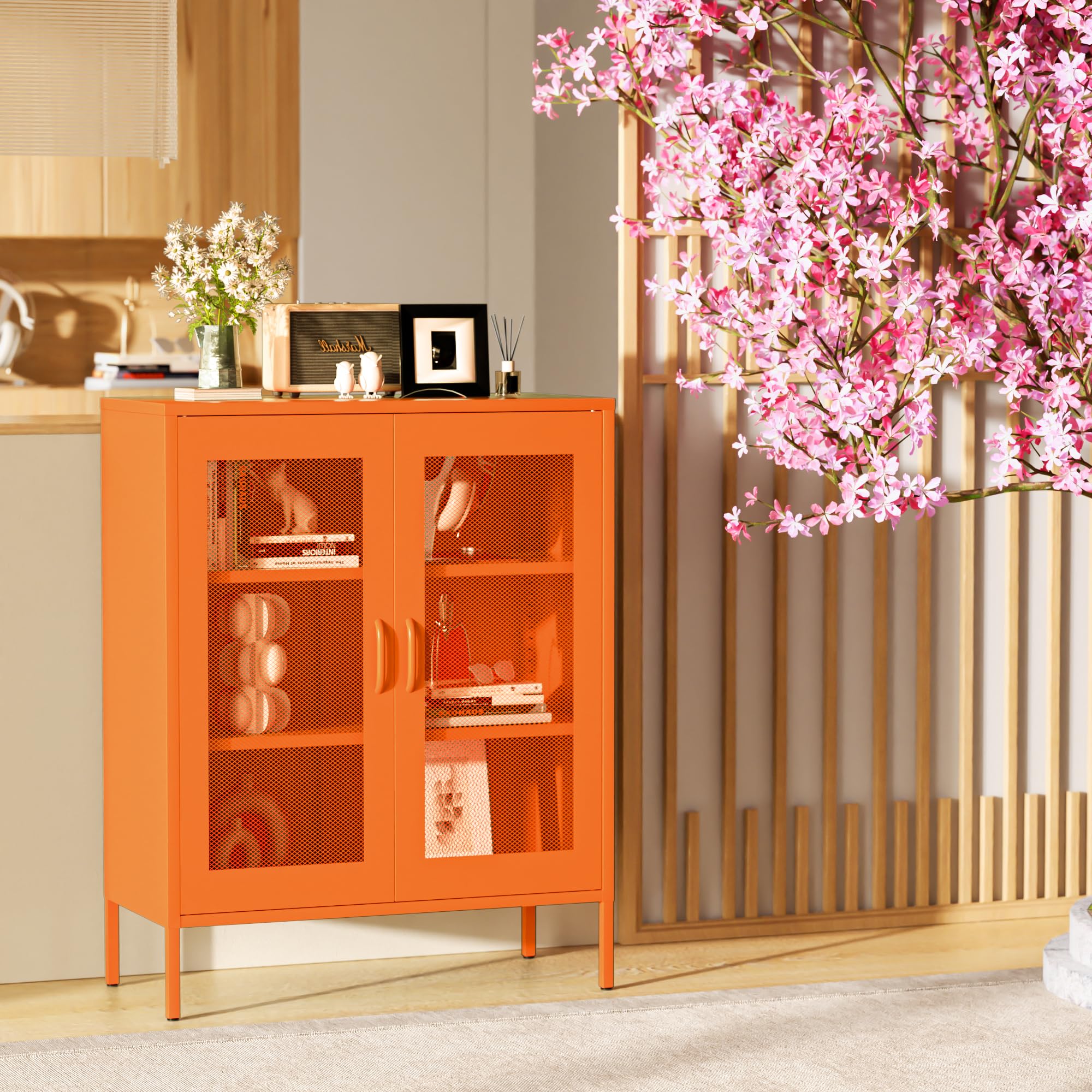 サイドボード 鋼製 キャビネット 扉付き リビング 収納 観音開き 調節可能な棚付き 通気孔付き おしゃれ リビングルーム、ダイニングル(3.0)