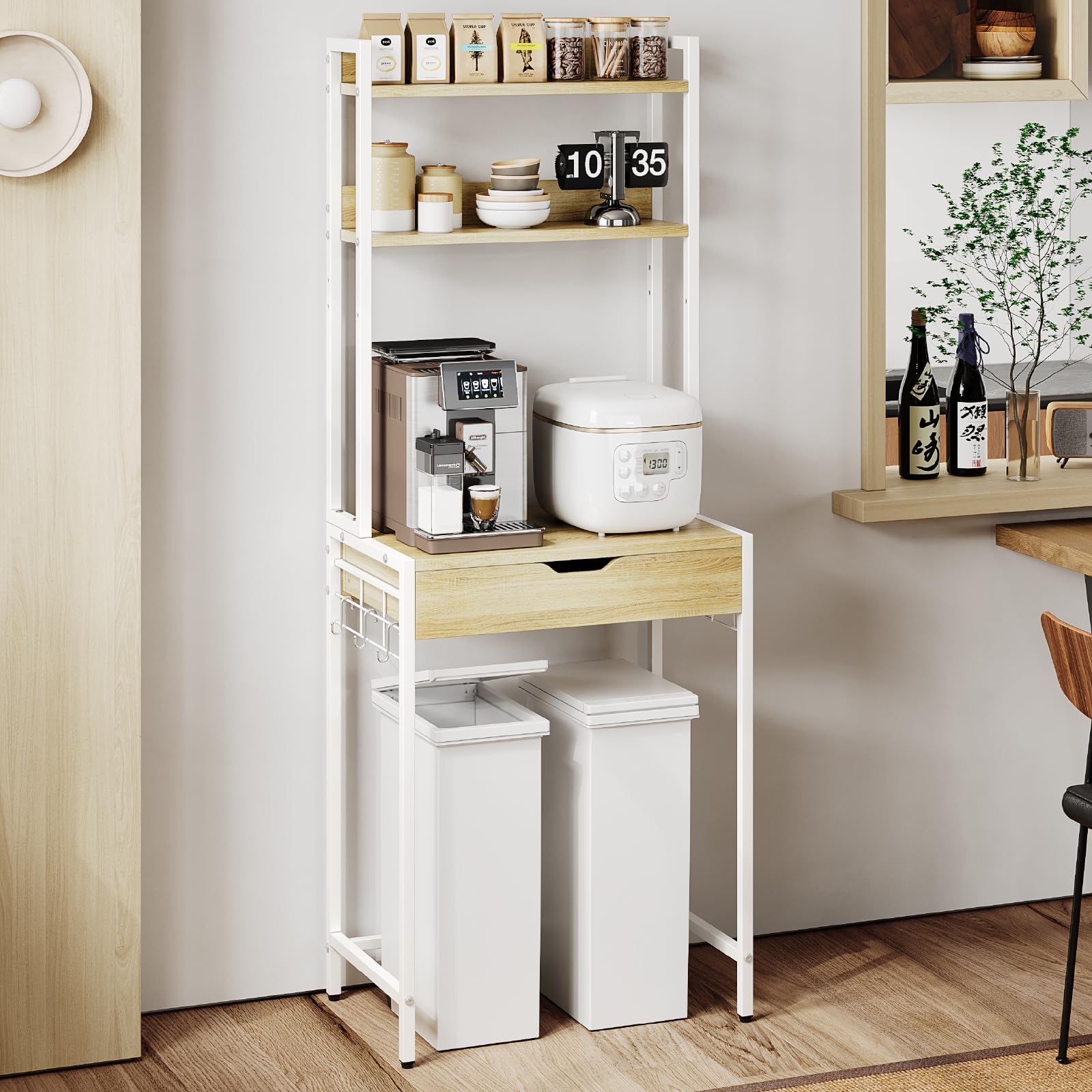 ゴミ箱上ラック 幅64×奥行40×高さ170cm キッチンラック ゴミ箱上収納 レンジ ラック 引き出し付き スリ..