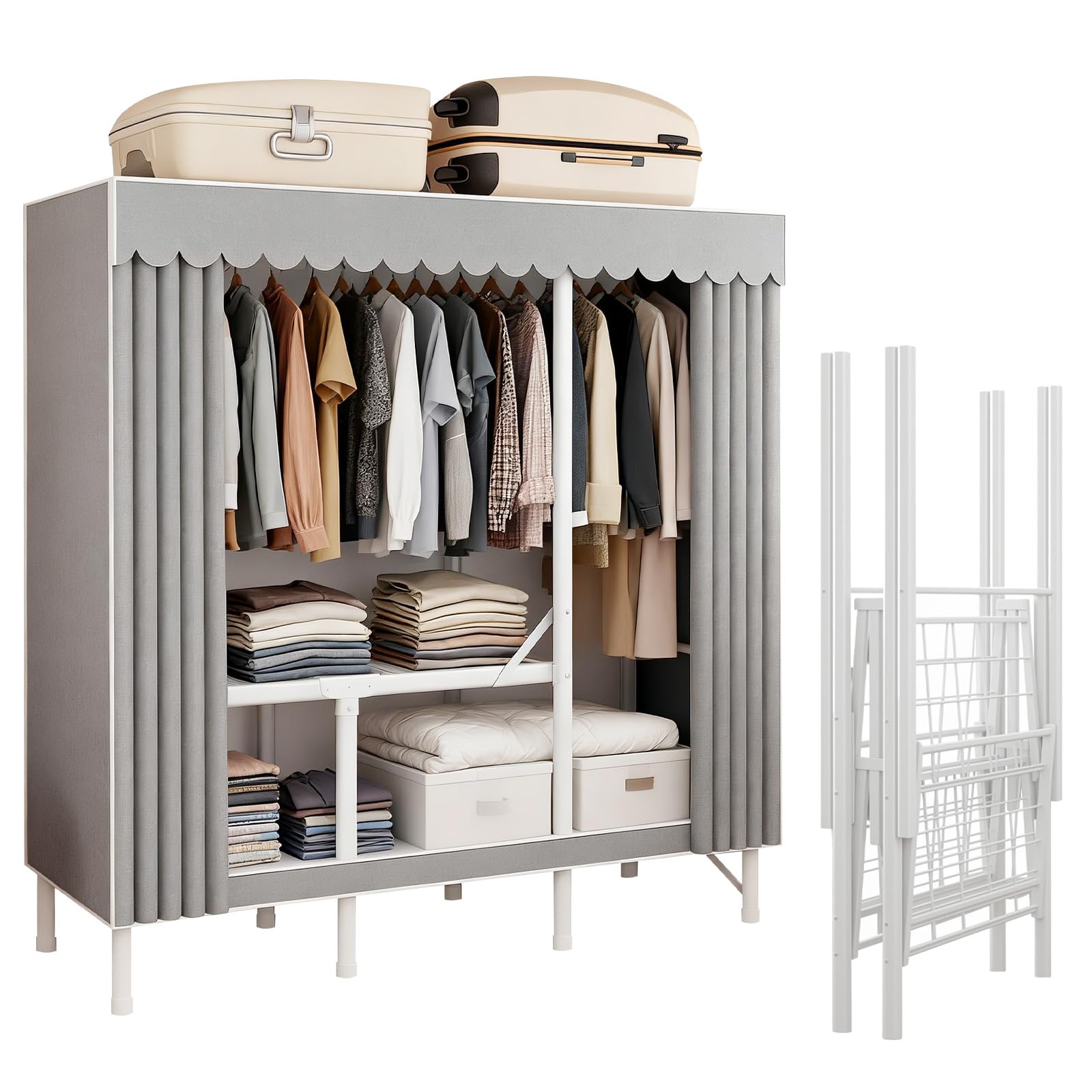 🌸サイズと素材：約幅210×奥行48×高さ172cm。大容量ワードローブで、シングルからカップルまで快適に利用できます。頑丈な金属フレームに、防塵性に優たカバーを採用。ホコリが付着しにくく清潔を保ちます。🌸折...