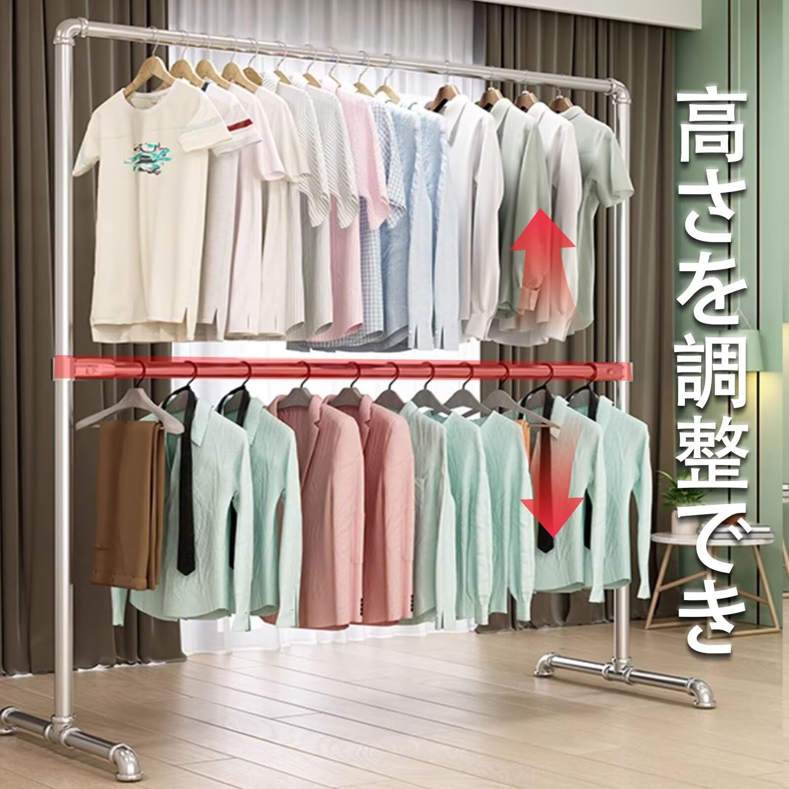 ハンガーラック 2段 パイプハガー 洋服掛け 衣装ラック ステレンス製 ダブル式 頑...