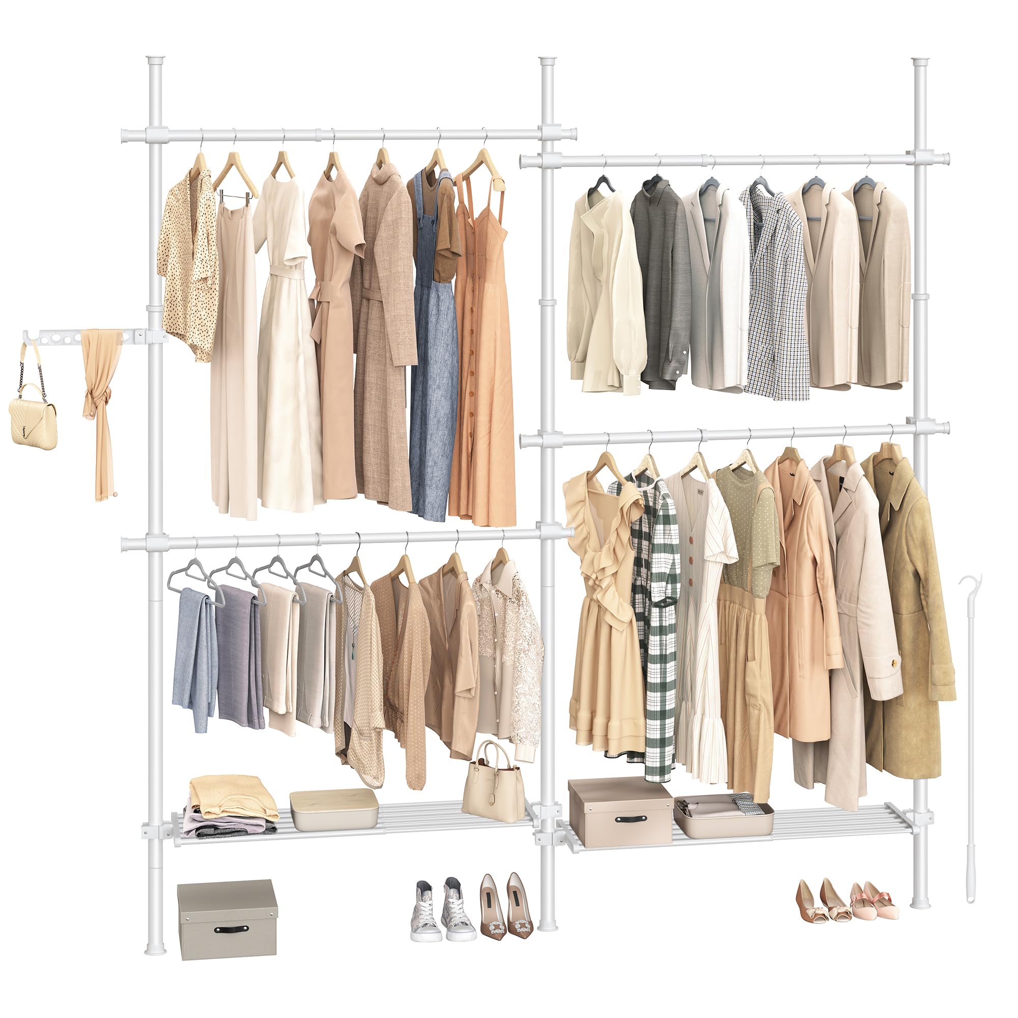 ハンガーラック ツッパリ式 伸縮式ランドリーラック 2列 洋服掛けスタンド 室内?ベランダ物干しラック ..