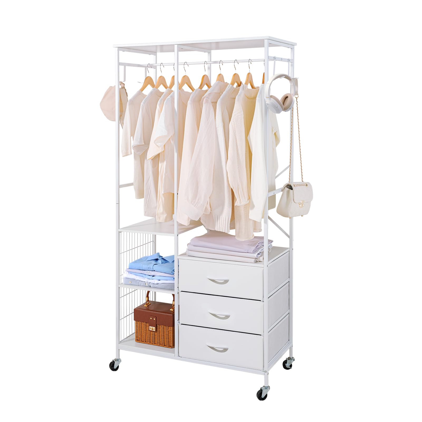 【多機能な収納デザイン】洋服掛けが右下に引き出し3段、左下には2段の棚を配置。衣類や小物を分類して収納可能。上部のハンガーパイプで洋服を吊るせ、両側の4つのフックでバッグや帽子もかけられます。【大容量＆耐荷重120kg】洋服ラック全体の耐荷...