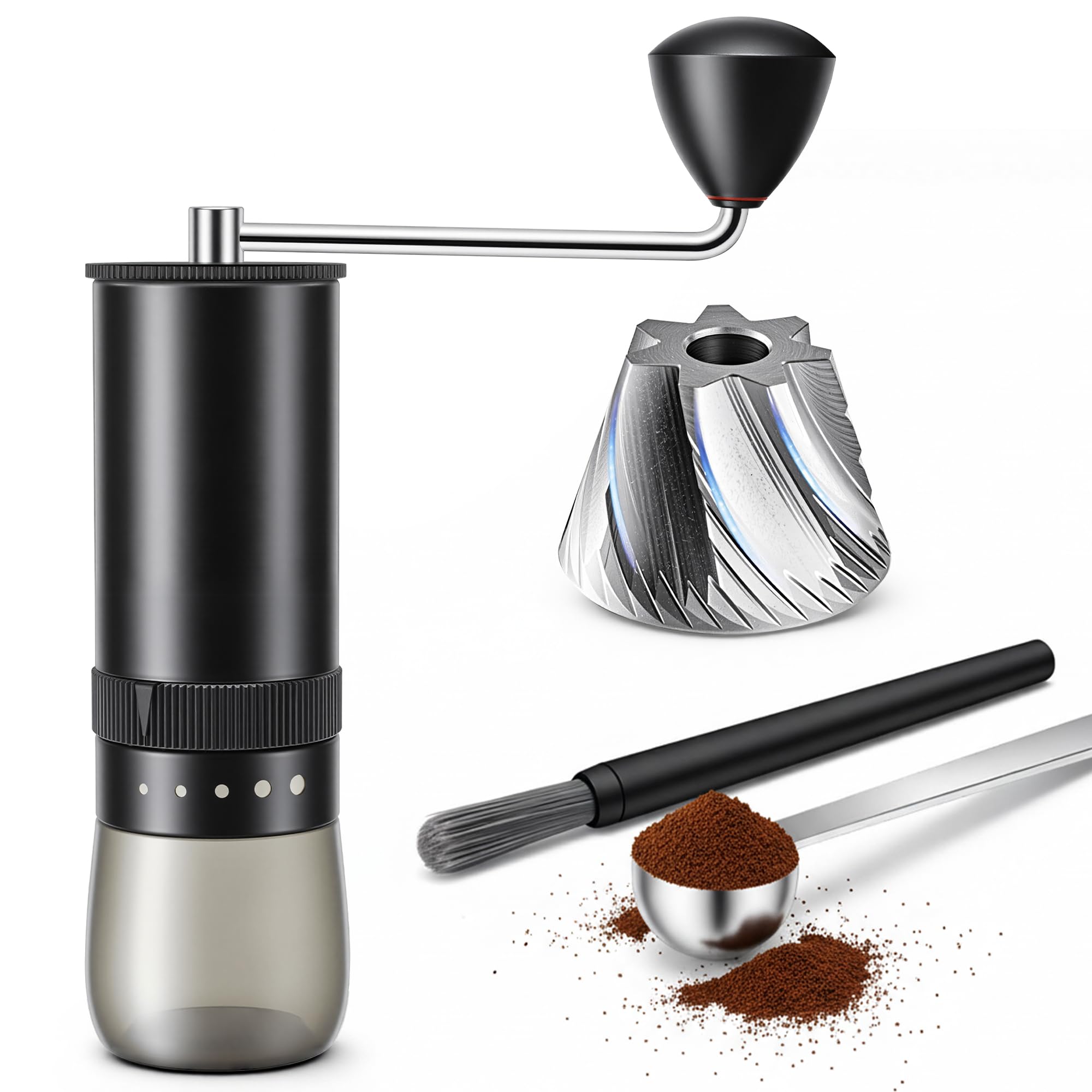 コーヒーミル 手動 手挽き コーヒー ミル 金属製 ステンレス臼 粗さ調整可能 コンパクト省力性 透明粉受け 静音 軽量 持ち運びやすい
